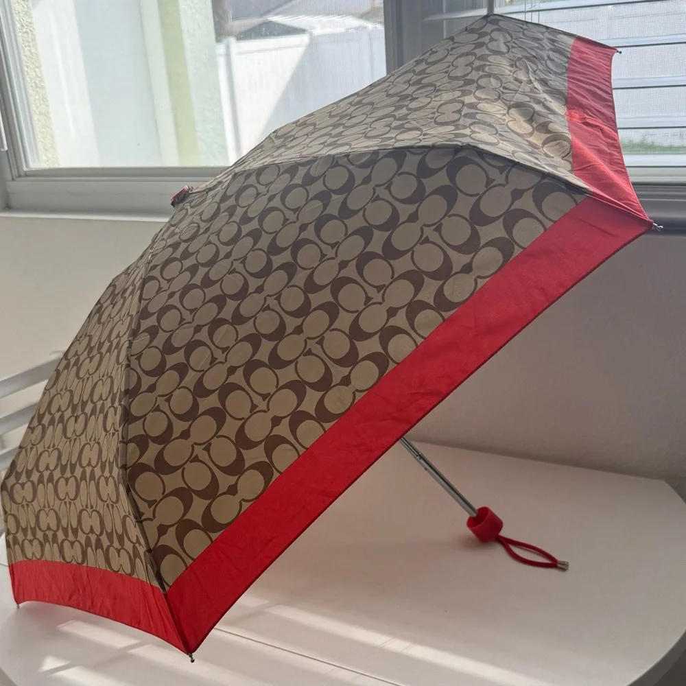 Coach Brown Signature 'C' Folding Umbrella with Red Trim - Picture 1 of 4